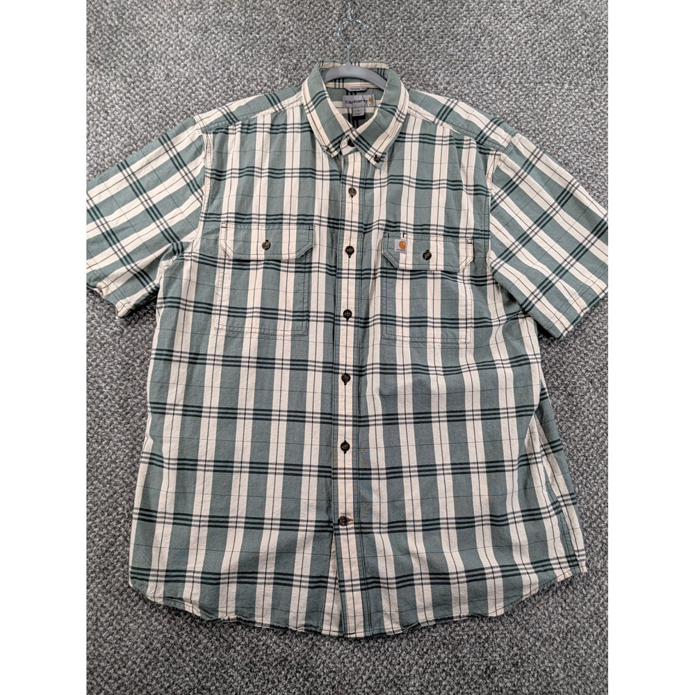 Carhartt Mens Large Green Plaid Short Sleeve Button Down Work Shirt 104175 MKG